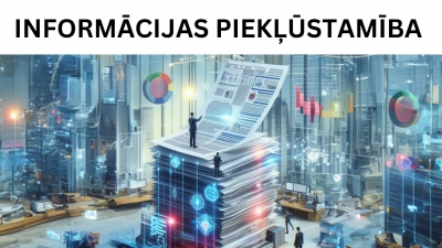 Attēls par informācijas piekļūstamību. Centrā redzams liels dokumentu kaudze, uz kuras atrodas cilvēku figūras, kas mijiedarbojas ar digitālo informāciju. Apkārt redzami dažādi datu vizualizācijas elementi, piemēram, grafiki un ikonas, kas attēlo piekļūstamību digitālajai informācijai mūsdienu tehnoloģiskā vidē.